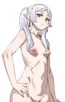 1girl blush bow_(bhp) breasts completely_nude earrings elf frieren green_eyes hand_on_own_hip inverted_nipples jewelry long_hair looking_at_viewer nude pointy_ears pussy simple_background small_breasts solo sousou_no_frieren twintails white_background white_hair