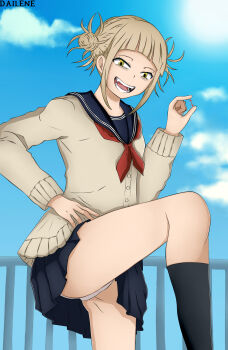 1girl ass bags_under_eyes black_socks blonde_hair blue_background blue_skirt boku_no_hero_academia breasts cardigan clothes cloud dailene day double_bun eye_contact female_focus femdom fence flat_chest grin hair_bun half-closed_eyes highres humiliation leg_lift leg_up legs looking_at_another looking_at_viewer looking_down motion_lines open_mouth outdoors panties pantyshot school_uniform sharp_teeth shirt short_hair skirt sky small_penis_humiliation smile socks solo spread_legs standing standing_on_one_leg sweater teeth thighs tiny_gesture toga_himiko tongue underwear upskirt watermark white_panties wide_hips yandere yellow_eyes