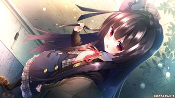 1boy 1girl arikawa_satoru black_hair black_pantyhose blush game_cg high-waist_skirt holding_hands long_hair looking_at_viewer open_mouth outdoors pantyhose red_eyes school_uniform skirt solo_focus uchi_no_aruji_wa_youkai_no_joushiki_o_shiranai very_long_hair walking