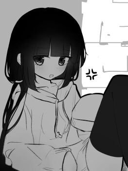 1girl absurdres anger_vein black_eyes black_hair black_thighhighs blunt_bangs blush grey_background grey_hoodie greyscale hashtag-only_commentary highres hood hood_down hoodie inabakumori long_hair long_sleeves looking_at_viewer monochrome open_mouth osage_(nukunuku_nigirimeshi) sidelocks simple_background sleeves_past_fingers sleeves_past_wrists solo tagme tajudayo thighhighs