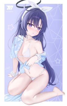 1girl absurdres bare_legs barefoot bikini black_halo blue_archive blue_pajamas blush breasts collarbone commentary_request hair_between_eyes halo headscarf highres long_hair looking_at_viewer mechanical_halo medium_breasts messy_hair millennium_science_school_logo navel open_mouth pajamas pants partially_unbuttoned purple_background purple_eyes purple_hair red_pupils scrunchie shirt shirt_partially_removed sichuan_luo_li single_bare_shoulder sitting stomach swimsuit thighs unworn_pants wariza white_scrunchie wrist_scrunchie yuuka_(blue_archive) yuuka_(pajamas)_(blue_archive)