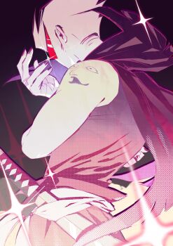 1boy absurdres arm_tattoo bandaged_hand bandages black_background black_nails brown_pants cape character_tattoo colored_skin dirk_strider from_side hair_slicked_back halftone hella_jeff highres homestuck homestuck:_beyond_canon kamina_shades katana loose_pants male_focus nail_polish official_alternate_costume pants pink_cape pink_shirt sash sheath sheathed shirt short_hair simple_background solo sparkle sweet_bro_and_hella_jeff sword tank_top tattoo triangle_glasses triangular_eyewear very_short_hair waist_sash weapon white_hair white_sash white_skin yagumozone