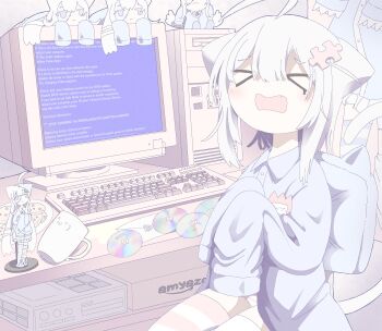 >_< 1girl ahoge animal_ears ashi_izumo at_computer blue_screen_of_death brand_name_imitation cat_ears cd chair character_doll collared_shirt computer computer_keyboard computer_tower cookie crt crying cup desk doll emoticon fang figure food hair_between_eyes highres kaomoji letter logo_parody long_sleeves monitor mug no_pants on_chair open_mouth original oversized_clothes pastel_colors puzzle_piece_hair_ornament shirt sleeves_past_fingers sleeves_past_wrists solo spill spilled_milk striped_clothes striped_thighhighs stuffed_toy thighhighs