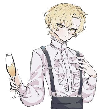 Rule 34 | 1boy, bishounen, black pants, blonde hair, closed mouth, collared shirt, commentary request, cup, dress shirt, drinking glass, fingernails, formal clothes, frilled shirt collar, frills, hair intakes, hands up, highres, holding, holding cup, light blush, limbus company, long sleeves, looking at viewer, male focus, o-ring suspenders, official alternate costume, pants, parted bangs, project moon, shirt, sinclair (project moon), sketch, smile, solo, suspender pants, tsurime, upper body, white shirt, white sleeves, wine glass, xxed h, yellow eyes