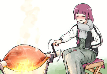 1girl alcohol_carton between_legs black_jacket black_nails blunt_bangs blush bocchi_the_rock! boned_meat bow braid chromatic_aberration closed_eyes cooking dress fingernails fire floral_print floral_print_dress food green_bow green_dress grey_scarf hair_bow hair_over_shoulder hand_in_pocket hiroi_kikuri jacket long_hair long_sleeves low-braided_long_hair low-tied_long_hair meat monster_hunter_(series) motion_lines multicolored_jacket nail_polish nose_blush open_clothes open_jacket open_mouth pink_hair print_dress roasting rotisserie scarf sitting smile solo spider_lily_print steam torako_(toramaru) two-tone_jacket white_jacket