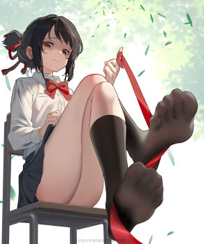 Rule 34 | 1girl, absurdres, black skirt, black socks, bow, bowtie, breasts, chair, closed mouth, clothes lift, crossed legs, falling leaves, full body, hair bun, highres, holding, holding ribbon, kimi no na wa., leaf, looking at viewer, looking down, miyamizu mitsuha, partially shaded face, red bow, red bowtie, red eyes, ribbon, school chair, school uniform, senyahiro, shirt, short hair, sitting, skirt, skirt lift, small breasts, socks, soles, solo, toes, white shirt, yandere