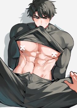 1boy abs absurdres arms_behind_back black_hair black_shirt censored censored_nipples clothes_in_mouth clothes_pull commentary drop_shadow hair_between_eyes highres looking_at_viewer male_focus mouth_hold muscular muscular_male omniscient_reader's_viewpoint open_fly papercider pectorals pov pov_hands shirt shirt_in_mouth shirt_pull short_hair solo_focus spread_legs sweatdrop symbol-only_commentary tight_clothes yoo_joonghyuk