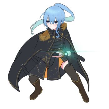 1girl belt belt_buckle black_cloak black_dress blue_eyes blue_hair blush boots brown_belt brown_boots buckle cloak closed_mouth commentary_request dress epaulettes fong_(fongthe0125) full_body glowing glowing_weapon grey_thighhighs hair_between_eyes highres holding holding_sheath holding_sword holding_weapon hololive hoshimachi_suisei katana knee_boots long_hair ponytail sheath simple_background solo standing sword thighhighs thighhighs_under_boots unsheathing v-shaped_eyebrows very_long_hair virtual_youtuber weapon white_background