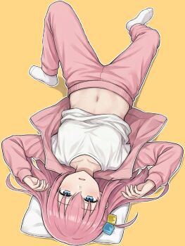 blue_eyes bocchi_the_rock! breasts commentary_request cube_hair_ornament gotoh_hitori hair_ornament head_on_pillow highres invisible_floor jacket knee_up large_breasts long_hair long_sleeves lying midriff navel on_back open_clothes open_jacket orange_background pants pillow pink_hair pink_pants pink_track_suit ryuhirohumi shirt side_ahoge simple_background socks spread_legs sweatpants track_suit upside-down white_shirt white_socks