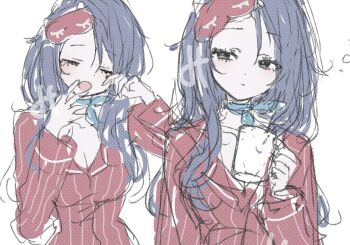 1girl artist_name black_eyes blue_bow blue_choker blue_hair bow bow_choker breasts choker cleavage closed_eyes closed_mouth cup eyelashes hand_up holding holding_cup long_hair long_sleeves looking_to_the_side medium_breasts mi_398 miside mita_(miside) mug multiple_views open_mouth pajamas red_pajamas red_shirt rubbing_eyes shirt sketch sleep_mask sleepy sleepy_mita_(miside) spread_fingers squeans striped_clothes striped_shirt vertical-striped_clothes vertical-striped_shirt watermark yawning