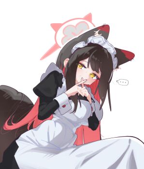 1girl absurdres alternate_costume animal_ear_fluff animal_ears apron black_dress black_hair blue_archive colored_inner_hair commentary crossed_fingers dress fox_ears fox_girl fox_tail halo highres long_hair long_sleeves looking_at_viewer maid maid_apron maid_headdress multicolored_hair puffy_long_sleeves puffy_sleeves red_hair red_halo smsm516 solo tail two-tone_hair untranslatable_commentary very_long_hair wakamo_(blue_archive)