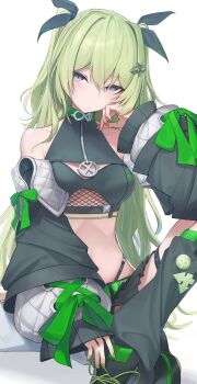1girl absurdres bare_shoulders black_leg_warmers black_shoes black_shorts breasts commentary_request crop_top detached_sleeves dokon fishnet_cutout green_hair highres honkai_(series) honkai_impact_3rd leg_warmers long_hair looking_at_viewer mobius_(honkai_impact) mobius_(razer)_(honkai_impact) official_alternate_costume shoes shorts simple_background slit_pupils small_breasts solo stomach twintails very_long_hair white_background