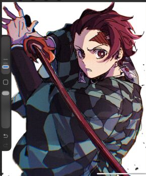1boy belt black_pants black_shirt brown_hair commentary cropped_legs earrings forehead frown green_haori haori highres holding holding_sword holding_weapon japanese_clothes jewelry kamado_tanjirou katana kimetsu_no_yaiba long_sleeves looking_at_viewer male_focus pants parted_lips purple_eyes scar scar_on_face scar_on_forehead shirt short_hair simple_background solo standing sword untranslatable_commentary water weapon white_background white_belt yeknnnnn