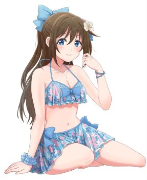 1girl arm_at_side arm_up armpit_crease bare_arms bare_legs bare_shoulders bikini bikini_skirt blue_bikini blue_bow blue_eyes blue_scrunchie bow bracelet breasts brown_hair cleavage closed_mouth collarbone commentary_request floral_print floral_print_bikini flower hair_between_eyes hair_bow hair_flower hair_ornament highres jewelry long_hair looking_at_viewer love_live! love_live!_nijigasaki_high_school_idol_club medium_breasts multiple_bracelets navel osaka_shizuku print_bikini scrunchie simple_background sitting smile solo stomach string_bikini swimsuit taiyakippassion white_background wrist_scrunchie