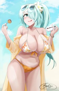 1girl aqua_hair bead_bracelet beads bikini blue_archive blush bracelet breasts cleavage floral_print floral_print_bikini flower flower_on_head food front-tie_bikini_top front-tie_top green_eyes hair_flower hair_ornament hairclip highres hiyori_(blue_archive) hiyori_(swimsuit)_(blue_archive) holding holding_food huge_breasts ibara_azuki jewelry lips long_hair muffin_top navel off-shoulder_shirt off_shoulder open_clothes open_mouth open_robe orange_bikini outdoors plump print_bikini robe shirt side_ponytail sky smile solo standing sunglasses sunglasses_on_head swimsuit takoyaki white_bikini