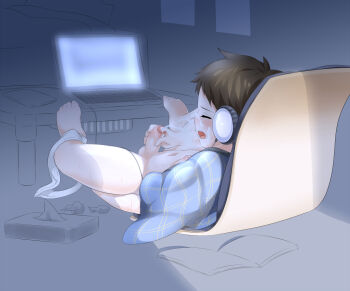 1boy autofacial bad_id bad_pixiv_id barefoot blush brown_hair caught closed_eyes computer cum cum_on_body cum_on_self ejaculation erection facial foreskin headphones laptop lying male_focus male_masturbation masturbation navel nipples o-mars on_back open_mouth original panties panties_around_leg penis short_hair shota solo tissue tissue_box uncensored underwear