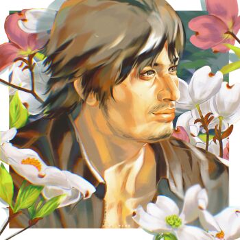 Rule 34 | beard, brown hair, commentary, english commentary, facial hair, flower, nature, painterly, portrait, ryuu ga gotoku (series), ryuu ga gotoku 5, sega, shinada tatsuo, yakuza
