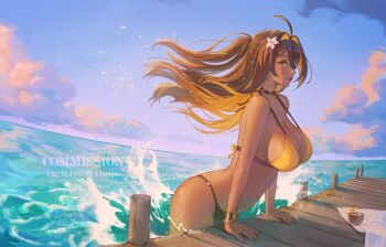 1girl ahoge arm_support bangle bikini black_choker blonde_hair blue_sky bracelet breasts brown_eyes brown_hair choker cleavage cloud colored_inner_hair commentary commission dock english_commentary hair_flowing_over hair_intakes halterneck highres jewelry large_breasts long_hair looking_to_the_side multicolored_hair original outdoors side_ponytail sideboob sky solo splashing strap_gap string_bikini swimsuit water waves wernope wooden_floor yellow_bikini