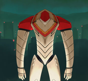 arms_at_sides building city commentary cowboy_shot facing_viewer glowing headless highres humanoid_robot jet_alone joints mountainous_horizon neon_genesis_evangelion night night_sky niiyan no_humans outdoors robot robot_joints sky skyscraper standing