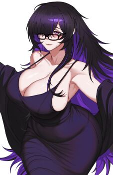 Rule 34 | 1girl, absurdres, black-framed eyewear, black dress, black hair, blush, breasts, cleavage, closed mouth, colored inner hair, dress, glasses, goddess of victory: nikke, highres, label (nikke), large breasts, looking at viewer, multicolored hair, purple eyes, purple hair, smile, solo, walid zouirech, white background