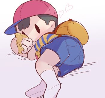 1boy ass ass_focus ass_only backpack bag bed black_hair blue_shorts blush cap huge_ass legs looking_back lucas_(mother_3) lying male_focus mother_(series) mother_2 ness_(mother_2) nintendo on_bed red_hat shirt shorts shota socks striped_clothes striped_shirt stuffed_toy super_smash_bros. sweat sweatdrop toy white_socks yellow_shirt