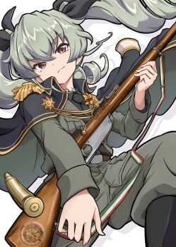 1girl anchovy_(girls_und_panzer) anzio_military_uniform artist_name black_boots black_cape black_necktie black_ribbon bolt_action boots cape commentary_request drill_hair ehirorotoon girls_und_panzer green_hair green_jacket green_pants gun gun_sling hair_ribbon holding holding_gun holding_weapon jacket long_hair looking_at_viewer necktie pants pants_tucked_in red_eyes ribbon rifle shell_casing simple_background smile solo twin_drills weapon white_background