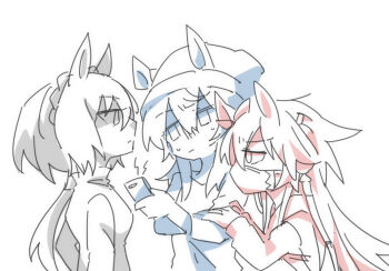 3girls animal_ears beanie beer_hsk braid cellphone crown_braid ears_through_headwear hair_between_eyes hat holding holding_phone horse_ears kin'iro_ryotei_(umamusume) long_hair low_ponytail mask mouth_mask multiple_girls multiple_monochrome nakayama_festa_(umamusume) orfevre_(old_design)_(umamusume) phone ponytail simple_background umamusume upper_body very_long_hair white_background