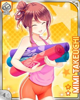 1girl bike_shorts brown_hair card_(medium) character_name girlfriend_(kari) hair_ribbon holding official_art orange_ribbon orange_shorts pink_tank_top purple_eyes qp:flapper ribbon shorts smile solo standing takeuchi_mimi tank_top thighs yoga_mat