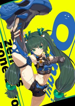 1girl android black_gloves blush braid braided_sidelocks commentary_request fingerless_gloves gloves green_eyes green_hair hair_ornament highres holding holding_own_leg leg_up long_hair looking_at_viewer memtzzsm0j37789 navel open_mouth police police_uniform policewoman qingyi_(zenless_zone_zero) shorts sidelocks solo sphere_hair_ornament spread_legs twintails yellow_background zenless_zone_zero