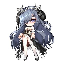 Rule 34 | 1girl, august von parseval (azur lane), august von parseval (the conquered unhulde) (azur lane), azur lane, bare shoulders, chibi, clothes lift, cross, dress, dress lift, full body, godgamesc2, grey hair, hair over one eye, hair tie, horn ornament, horns, long hair, looking at viewer, panties, pleated dress, purple eyes, revealing clothes, simple background, standing, underwear, very long hair, white background