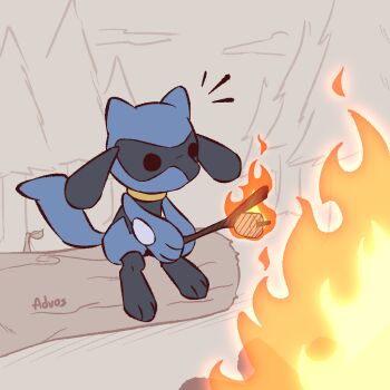 advos artist_name black_fur blue_fur campfire chibi fire food gen_4_pokemon grey_background holding holding_stick log marshmallow nintendo no_humans pokemon pokemon_(creature) riolu sitting solo stick two-tone_fur