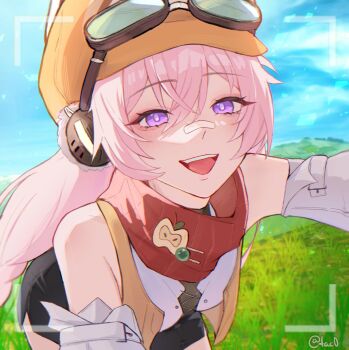 1girl :d artist_name bandaid bandaid_on_face bare_shoulders black_shorts brown_hat brown_vest cloud commentary cowboy_shot cropped_vest day detached_sleeves goggles goggles_on_head grass hair_between_eyes hat headphones highres leaning_forward long_hair looking_at_viewer open_clothes open_mouth open_vest outdoors pink_hair plain punishing:_gray_raven purple_eyes red_scarf scarf selfie shirt shorts sky sleeveless sleeveless_shirt smile solo t_tac0 teddy_(pgr) teeth upper_teeth_only vest viewfinder