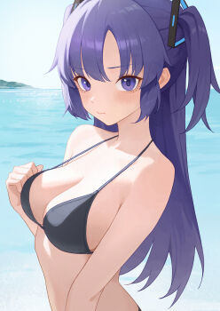 1girl bare_shoulders beach bikini black_bikini blue_archive blush breasts closed_mouth cloud collarbone commentary_request day hair_ornament halterneck highres horizon long_hair looking_at_viewer ocean outdoors purple_eyes purple_hair remon_popu solo stomach swimsuit triangle_hair_ornament two_side_up yuuka_(blue_archive)