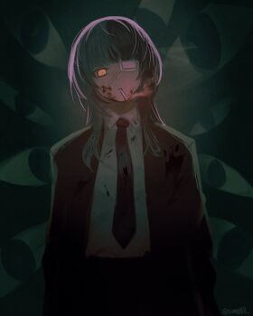 1girl absurdres black_hair black_jacket black_necktie black_pants black_suit blood blood_on_face blunt_bangs cigarette collared_shirt eyepatch formal_clothes grey_hair highres hololive hololive_english jacket long_hair multicolored_hair necktie pants shiori_novella shirt smoking solo split-color_hair suit sumosumo two-tone_hair virtual_youtuber white_shirt yellow_eyes