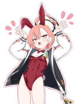 1girl 686panda absurdres ahoge animal_ear_hairband animal_ears asymmetrical_hair black_halo blue_archive bow bowtie braid breasts covered_navel detached_collar earrings fake_animal_ears fake_tail fang floral_print floral_print_jacket flying_sweatdrops hair_behind_ear hair_between_eyes hairband halo hands_up highleg highleg_leotard highres huge_ahoge jacket jewelry leotard loli long_sleeves mole mole_under_each_eye mole_under_eye multiple_moles neru_(blue_archive) neru_(bunny)_(blue_archive) open_clothes open_jacket open_mouth orange_eyes orange_hair outline oversized_breast_cup pink_outline playboy_bunny print_jacket rabbit_ears rabbit_pose rabbit_tail red_bow red_bowtie red_hairband red_leotard simple_background single_braid skin_fang small_breasts solo standing strapless strapless_leotard sukajan tag tail thighs traditional_bowtie white_background white_jacket white_outline