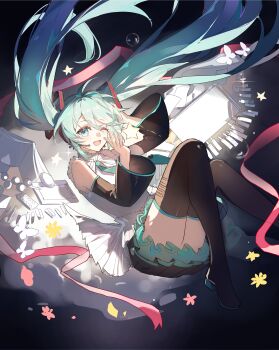 1girl ;d absurdres bare_shoulders black_boots black_skirt black_sleeves boots detached_sleeves floating_hair full_body green_eyes green_hair green_necktie hair_floating_upwards hands_up hatsune_miku heiyi_mataozi highres long_hair long_sleeves looking_at_viewer miniskirt necktie one_eye_closed open_mouth pleated_skirt shirt skirt sleeveless sleeveless_shirt smile solo star_(symbol) thigh_boots twintails very_long_hair vocaloid white_shirt