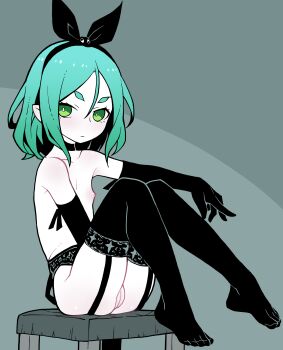 1girl akableak black_gloves black_thighhighs choker elbow_gloves expressionless flat_chest full_body garter_belt garter_straps gloves green_eyes green_hair hairband highres loli looking_at_viewer monogatari_(series) nipples ononoki_yotsugi pussy short_hair sitting solo thighhighs toes uncensored