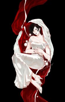 1girl ada_wong black_background black_hair breasts brown_eyes cleavage cloak dated dress earrings floating full_body gem hashtag-only_commentary high_heels highres jewelry looking_at_viewer medium_breasts mofa_shuimu_jiang nail_polish off-shoulder_dress off_shoulder own_hands_together oyster parted_bangs parted_lips pearl_(gemstone) pearl_earrings pumps red_cloak red_lips red_nails resident_evil ribbon shoes short_hair signature solo white_dress white_ribbon white_shoes