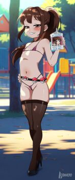 1girl absurdres belt bikini black_thighhighs blush brown_eyes brown_hair exhibitionism flat_chest full_body hand_on_own_hip high_heels highres l-conhero legs loli micro_bikini milk_carton missing_poster navel original outdoors playground poke_ball ponytail public_indecency smile solo standing stomach swimsuit thighhighs thighs thong