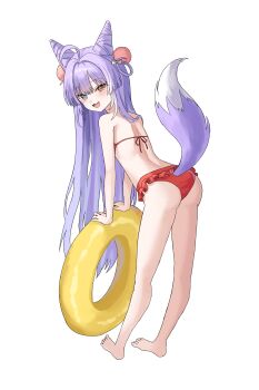 1girl :d absurdres ass bikini blue_eyes commentary cone_hair_bun double_bun fang fox_girl fox_tail frilled_bikini frills full_body hair_bun heterochromia highres innertube leaning_forward leaning_on_object long_hair looking_at_viewer miudo multicolored_hair open_mouth purple_hair red_bikini simple_background smile stellive streaked_hair swim_ring swimsuit symbol-only_commentary tail tenko_shibuki very_long_hair virtual_youtuber white_background white_hair yellow_eyes