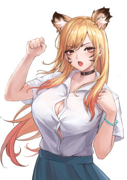 1girl absurdres animal_ears blue_skirt breasts button_gap choker cleavage clenched_hand collared_shirt commentary ear_piercing facial_mark gyaru highres hui_z_jie kemonomimi_mode kitagawa_marin kogal large_breasts lips long_hair looking_at_viewer open_mouth piercing pleated_skirt red_eyes school_uniform shirt simple_background skirt solo sono_bisque_doll_wa_koi_wo_suru whisker_markings white_background white_shirt