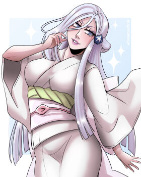 1girl absurdres artist_name bleach blue_eyes breasts commentary contrapposto cowboy_shot dangerousbride hair_between_eyes highres japanese_clothes kimono large_breasts obi parted_lips purple_lips sash smile sode_no_shirayuki solo sparkle white_hair white_kimono wide_sleeves