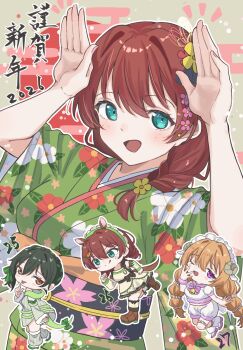 2026 3girls :d :q ;d animal_ears aqua_eyes black_sash braid brown_hair chibi chibi_inset chinese_zodiac closed_mouth commentary_request curled_horns drill_hair emma_verde floral_print floral_print_kimono floral_print_sash freckles green_kimono highres horns horse_ears horse_tail japanese_clothes keitaro_tension kimono konoe_kanata looking_at_viewer love_live! love_live!_nijigasaki_high_school_idol_club low_drills low_twin_braids mifune_shioriko multiple_girls multiple_views nengajou new_year obi obiage obijime official_alternate_costume one_eye_closed open_mouth print_kimono purple_eyes rabbit_pose sash sheep_horns sheep_tail smile snake_tail tail tearing_up tongue tongue_out twin_braids twin_drills yawning