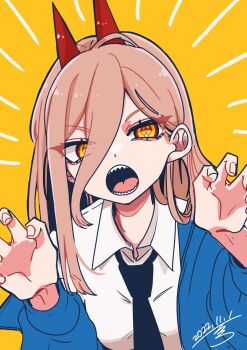 1girl black_necktie blue_coat breasts brown_hair chainsaw_man claw_pose coat coat_partially_removed collared_shirt cross-shaped_pupils dated demon_girl demon_horns hair_between_eyes highres horns itsuc_24 long_hair looking_at_viewer medium_breasts necktie open_mouth orange_background orange_eyes power_(chainsaw_man) red_horns sharp_teeth shirt signature solo symbol-shaped_pupils teeth upper_body white_shirt