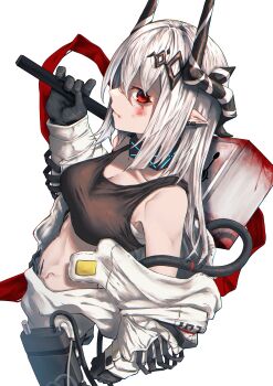 1girl absurdres arknights bare_shoulders black_gloves blood blood_on_face bloody_weapon breasts cleavage closed_mouth collar collarbone crop_top earrings gloves hair_ornament hammer highres holding holding_hammer holding_weapon horns infection_monitor_(arknights) jewelry kuromu long_hair material_growth medium_breasts mudrock_(arknights) off_shoulder open_clothes oripathy_lesion_(arknights) pointy_ears red_eyes simple_background solo standing weapon white_background white_hair
