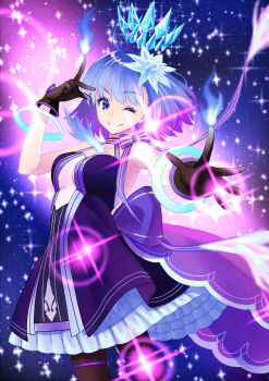 1girl :d ahoge back_bow backless_dress backless_outfit bare_shoulders black_dress black_gloves black_pantyhose blue_bow blue_eyes blue_fire blue_hair bow breasts c.i.e.l_(fate) ciel_(tsukihime) closed_mouth dress fate/grand_order fate_(series) fire floating_hair floating_headgear frilled_dress frills gloves hair_between_eyes hair_ornament halterneck hands_up headgear highres layered_dress looking_at_viewer medium_breasts one_eye_closed open_mouth pantyhose pyrokinesis reaching reaching_towards_viewer short_dress short_hair sleeveless sleeveless_dress smile solo space sparkle star_(sky) star_ciel_(fate) starry_sky_background train_(clothing) yoshinami