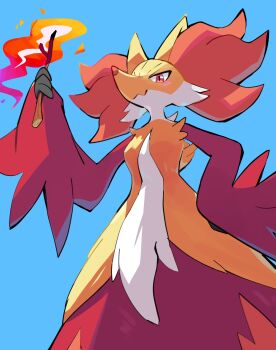absurdres blue_background delphox ear_flower fire gen_6_pokemon highres holding holding_stick komanychi multicolored_fur nintendo orange_eyes pokemon pokemon_(creature) red_fur simple_background solo stick white_fur yellow_fur