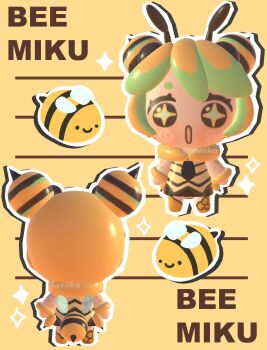 1girl 3d absurdres adapted_costume alternate_costume alternate_hair_color alternate_hairstyle antennae arthropod_girl bee bee_costume bee_girl bee_tail bee_wings blonde_hair blush bug chibi chibi_only double_bun green_hair hair_bun hatsune_miku highres insect insect_girl insect_wings lavy_(lavnko) necktie spiral_cheeks stinger vocaloid wings