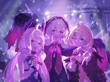 Rule 34 | 3girls, ahoge, blonde hair, blue dress, blue eyes, closed mouth, commentary, concert, dress, english commentary, enna alouette, ethyria, gyaru v, hair ornament, hairclip, hand up, head wings, highres, holding, holding microphone, hood, hood up, jacket, long hair, long sleeves, looking at viewer, microphone, millie parfait, multiple girls, nijisanji, nijisanji en, oneyife1, open mouth, parallel hairclips, pink eyes, purple eyes, purple jacket, reimu endou, short hair, sleeveless, sleeveless dress, smile, swept bangs, v, virtual youtuber, wings