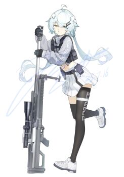 1girl absurdres ahoge ammunition_pouch anti-materiel_rifle black_gloves black_thighhighs blue_eyes blue_hair cropped_jacket gloves gun heterochromia highres jerry_wang long_hair looking_at_viewer low_twintails navel open_mouth original pouch rifle shoes skindentation sneakers sniper_rifle standing standing_on_one_leg tactical_clothes thigh_strap thighhighs twintails very_long_hair weapon white_background yellow_eyes zettai_ryouiki